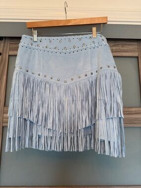 Idyllwind Light Blue Suede Fringe Mini Skirt with Studs
